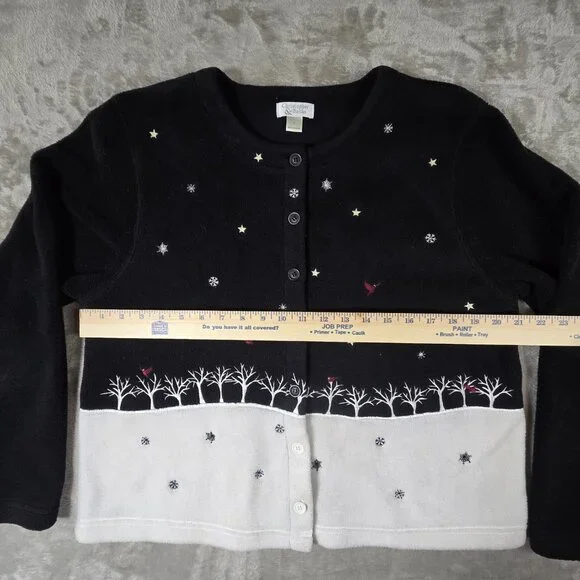 Christopher & Banks Winter Scene Cardigan Sweater Women’s Large Snowflake Bird C - Picture 4 of 11